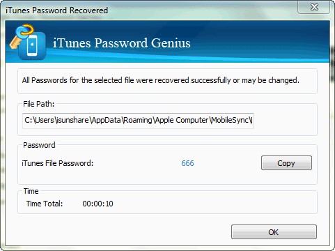 iTunes backup password recovered successfully