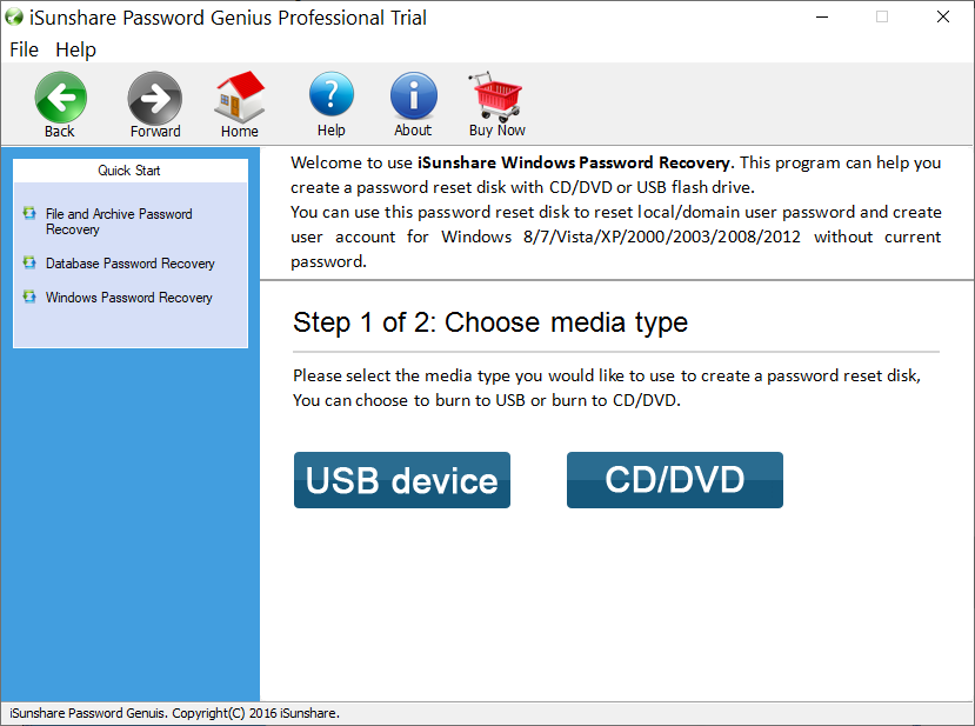 select media type for the password reset disk in Password Recovery Bundle