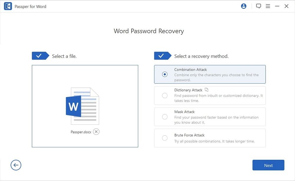 choose attack method for word password recovery